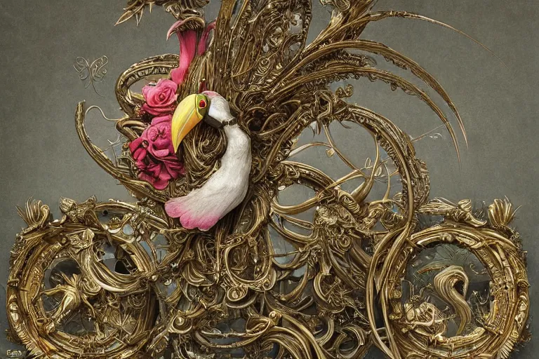 Prompt: beautiful render of catholic rococo roses veiled toucan sculpture with symmetry intricate detailed, by Edward Burne-Jones and aaron horkey and NekroXIII and Billelis and peter gric, artstation, ZBrush, maximalist, glittering, gold, silver, ivory, hyperreal