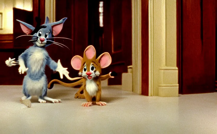 Prompt: photo realistic Tom and jerry in the shining by stanley kubrick, shot by 35mm film color photography