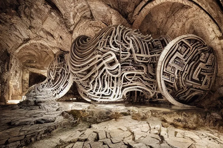 Image similar to a gigantic paleolothic torus made of stone with highly detailed carvings of intricate shamanic robotic electronics and circuitry, in a mediterranean lanscape, inside a valley overlooking the sea, in the style of michal karcz