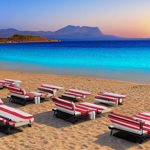 Image similar to sun beds on Elafonissi Beach in crete, 8k resolution, hyper detailed