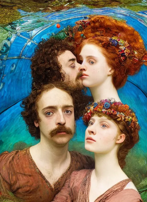 Prompt: detailed colourful masterpiece of intricate preraphaelite photography couple portrait sat down extreme closeup, love, inside an underwater train, detailed realistic expressions, wearing unusual clothes, by ford madox brown and william powell frith and frederic leighton and john william waterhouse and greg hildebrandt and william morris, ultra wide angle