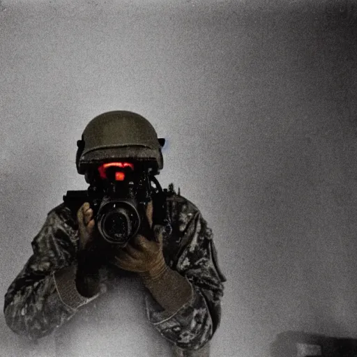 Image similar to a high quality color creepy atmospheric dimly lit extreme closeup film 3 5 mm depth of field photograph of a man wearing army fatigues, face dripping with sweat, holding a machinegun nervously pointing it in front of him getting ready to shoot, in a secret military bunker in antarctica in 1 9 8 2