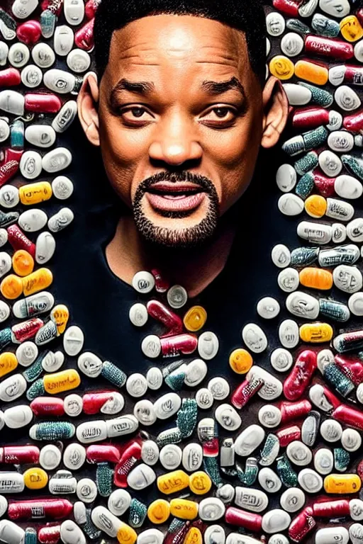 Image similar to will smith made out of pills, human face made out of pills, professional food photography