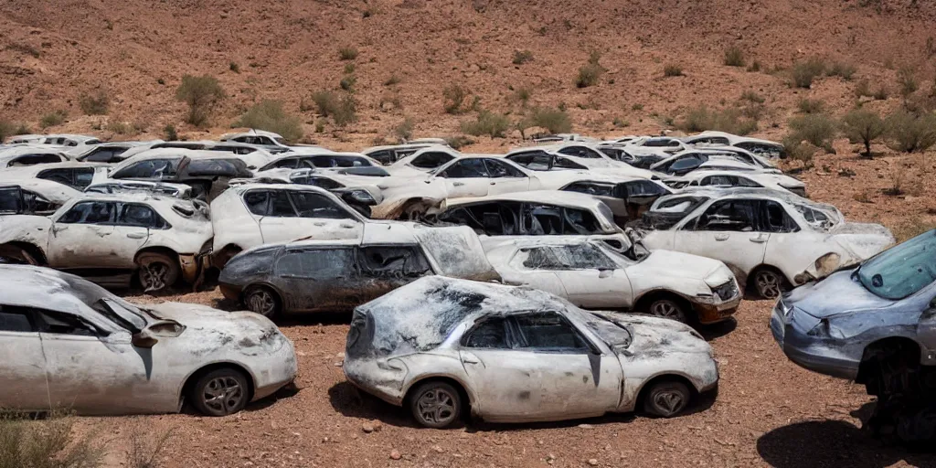 Prompt: The extreme heat of the desert is melting the cars