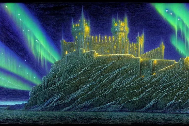 Image similar to highly detailed photoreal eldritch biomechanical castle on a cliff, aurora borealis, psychedelic by alan lee, john howe. ted naismith