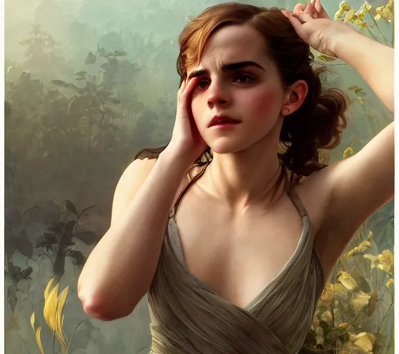 Prompt: photography of hairt armpits of emma watson with hands - up, deep focus, intricate, elegant, highly detailed, digital painting, artstation, concept art, matte, sharp focus, illustration, art by artgerm and greg rutkowski and alphonse mucha and gil elvgren