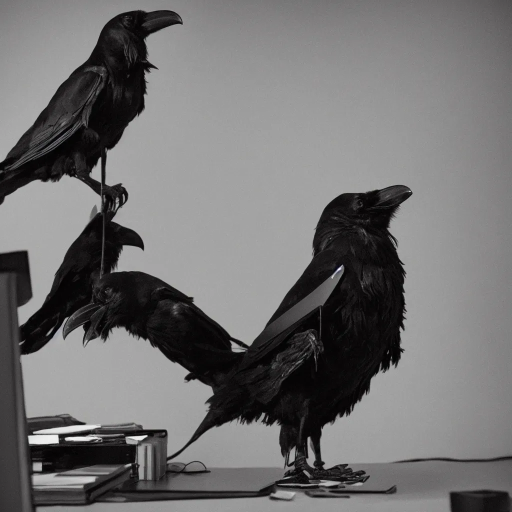 Image similar to a photograph of a raven using a computer, filmic, dramatic lighting