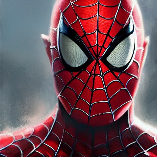 Image similar to spiderman closeup portrait, dramatic light, lake background, 2 0 0 mm focal length, painted by stanley lau, painted by greg rutkowski, painted by stanley artgerm, digital art, trending on artstation