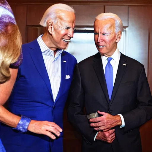 Image similar to alien wearing a wig and a dress and Joe Biden at a press conference, photograph, highly detailed, 4K