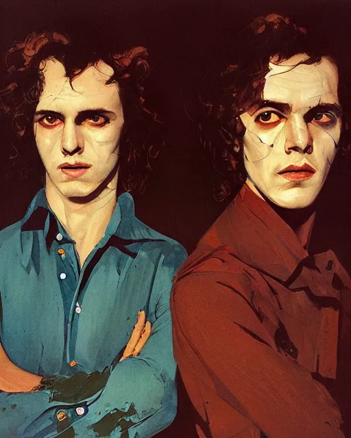 Image similar to two handsome but sinister young men in layers of fear, with haunted eyes and wild hair, 1 9 7 0 s, seventies, wallpaper, a little blood, moonlight showing injuries, delicate embellishments, painterly, offset printing technique, by coby whitmore, mary jane ansell