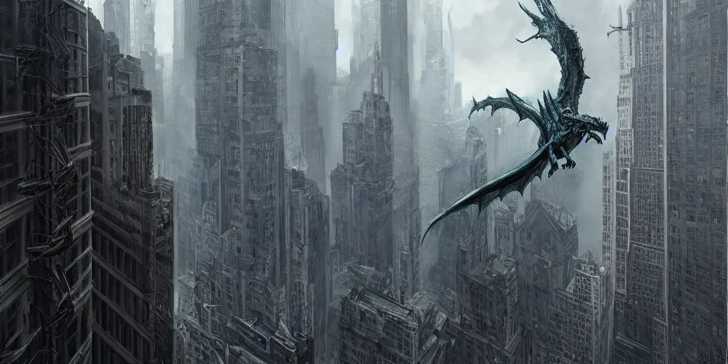 Prompt: one solitary giger wyvern flying through new york city skyscrapers, in style of federico pelat and greg rutkowski