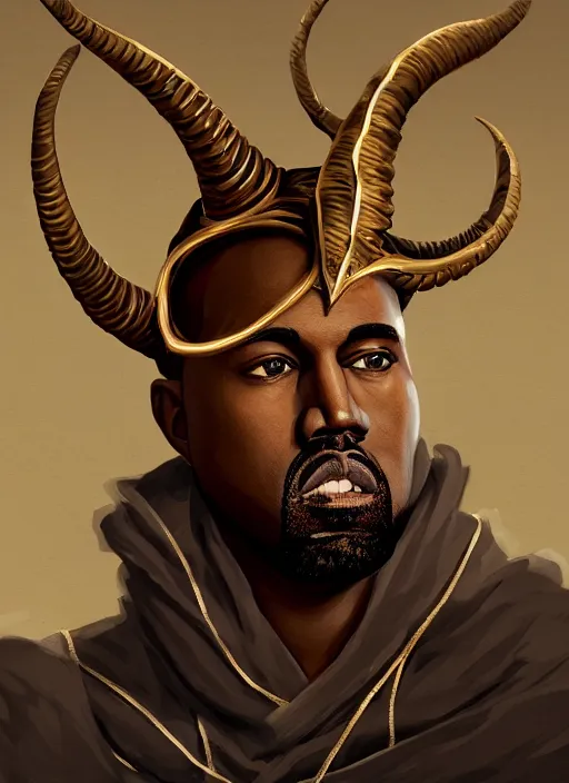 Prompt: a portrait of kanye west as a male tiefling warrior with!!! only two!!! large curved horns, intricate, tone mapped, ambient lighting, highly detailed, digital painting, artstation, concept art, 4 k, god rays, stunning beautiful, glowing eyes, sharp focus, by makoto shinkai and akihiko yoshida and hidari and wlop