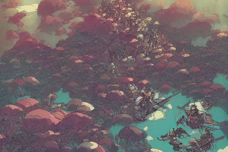 Image similar to the battle of minatogawa, retro fantasy style, victo ngai, moebius, studio ghibli