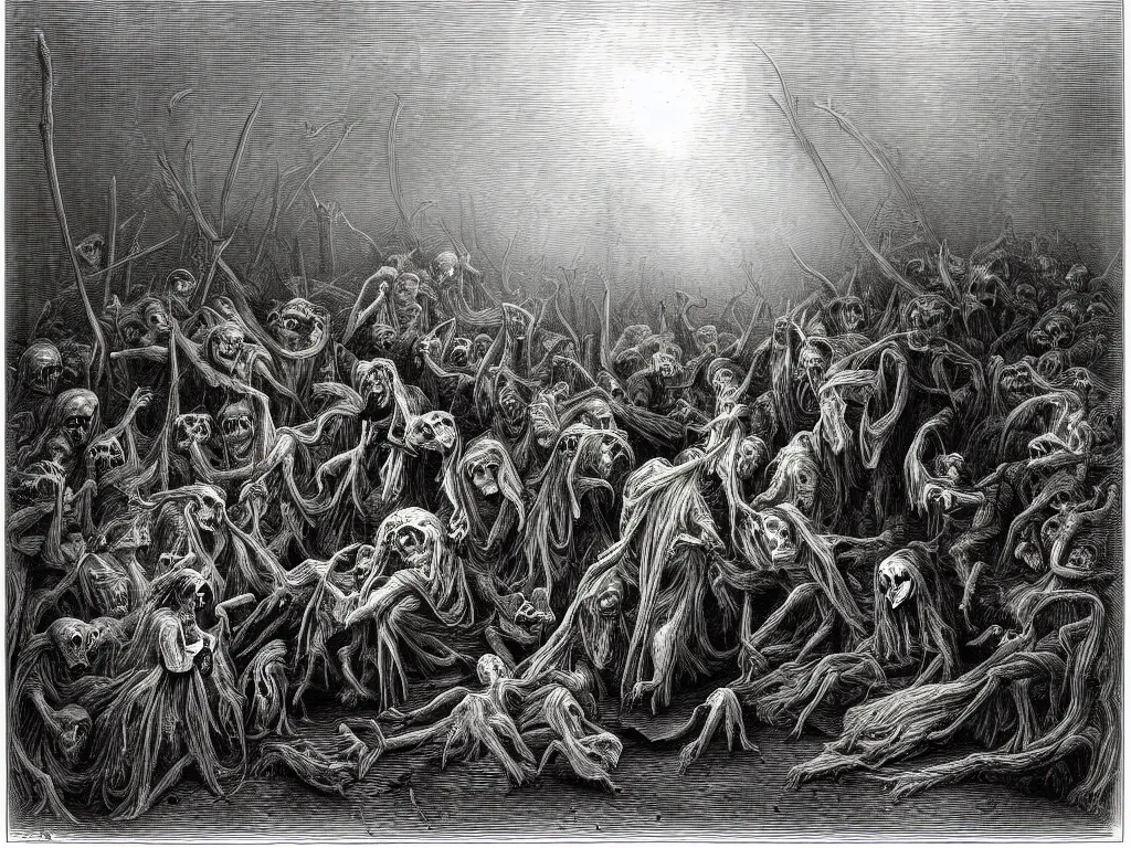 Prompt: the grim reaper tormenting mushroom people. Fine art engraving by Gustave dore. 1868.