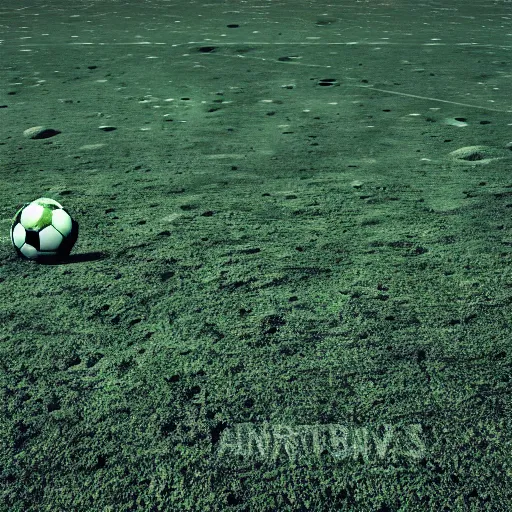 Image similar to a photography of a green football pitch on the moon, extreme long shot, realistic