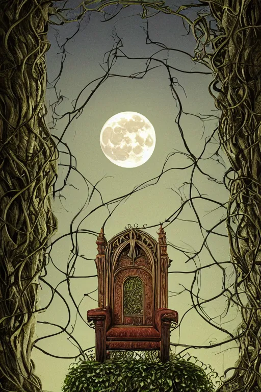 Prompt: a beautiful digital illustration painting of a detailed gothic fantasy full moon and roots, throne chair and vines by giorgio de chirico, and david rios ferreira. 8 k resolution trending on artstation concept art digital illustration