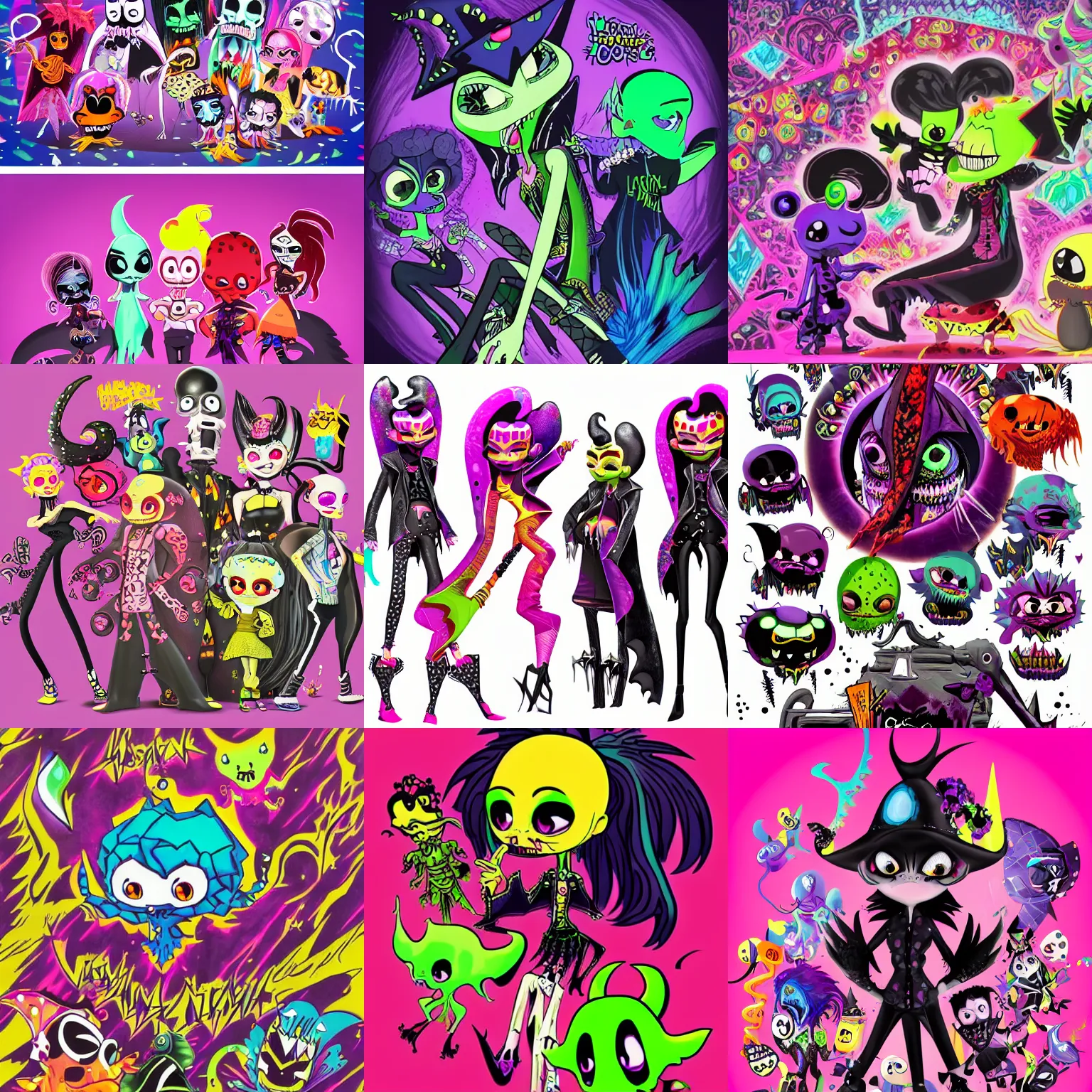 Prompt: lisa frank gothic vampiric punk vampiric rockstar vampire squid concept character designs of various shapes and sizes by genndy tartakovsky and splatoon by nintendo and the psychonauts by doublefine team of artists for the new hotel transylvania film