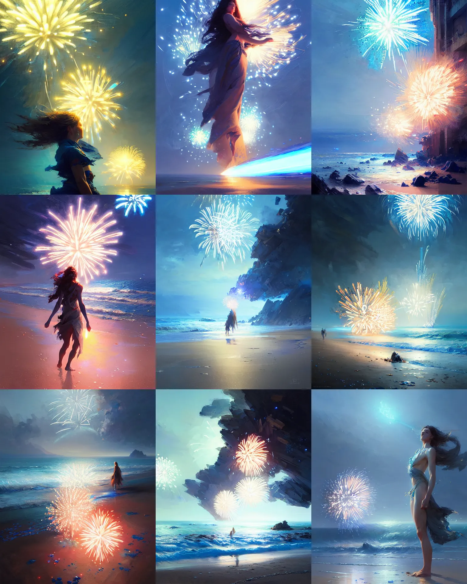 Image similar to beach blue fireworks, intricate, lens flare, bloom, sharp focus, illustration, highly detailed, digital painting, concept art, matte, art by ruan jia and wlop and greg rutkowski, masterpiece