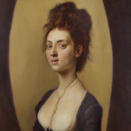 Image similar to painting of a beautiful young woman in the style of the old dutch masters with exaggerated proportions, huge bust, curvy waist