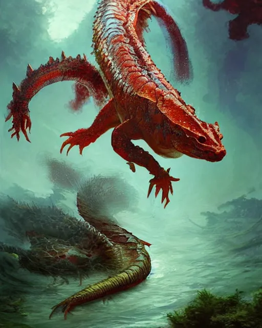 Image similar to ethereal, mysteriously beautiful giant huge kaiju sized pond dragon half fish half salamander, sea dragon, wet amphibious skin, red salamander, axolotl creature, pond, village by Ruan Jia and Gil Elvgren, fullbody