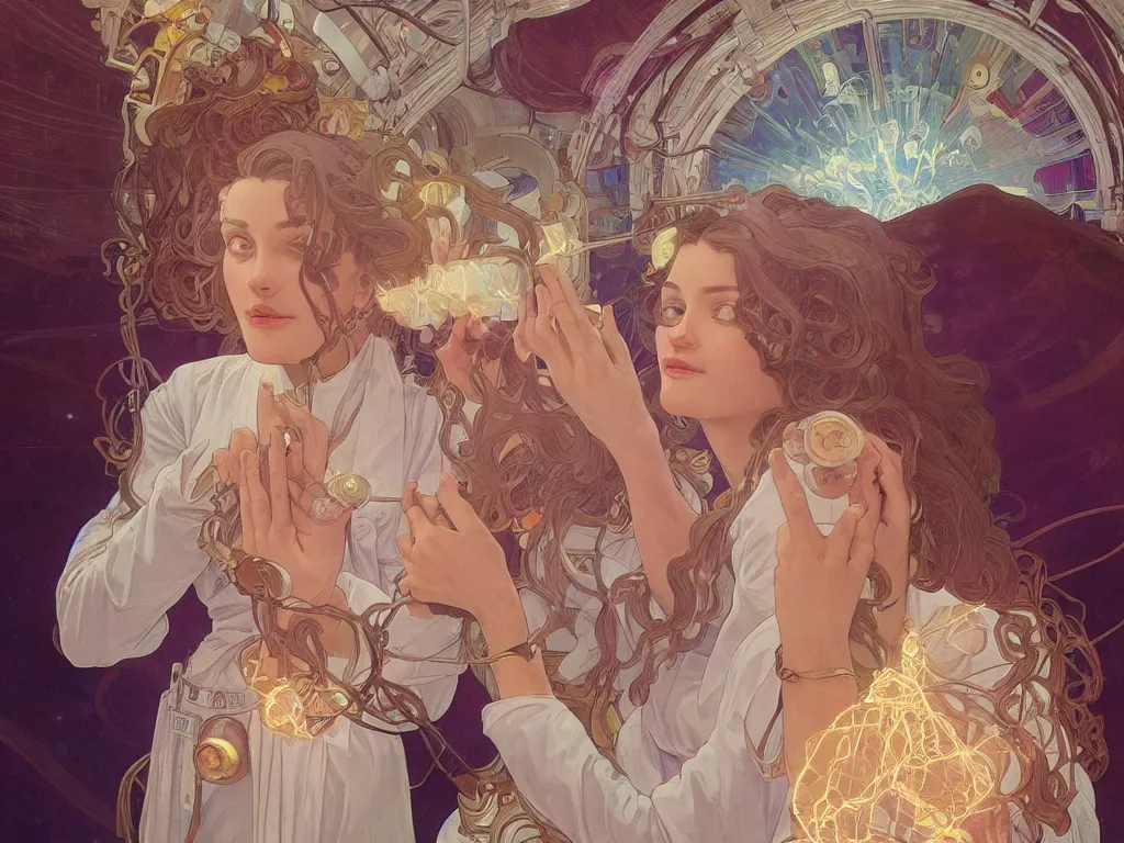 Prompt: Future godly calm scientist discovers the cure on space station lab, close-up, portrait, ethereal, elegant, intricate, beautiful, digital painting, artstation, concept art, smooth, sharp focus, by Alphonse Mucha