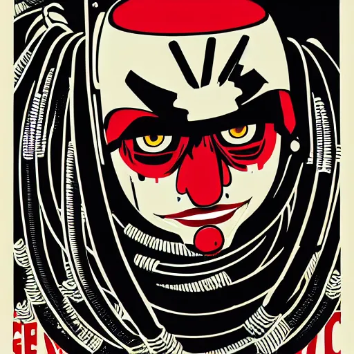 Prompt: Illustrated by Shepard Fairey and H.R. Geiger | Cyberpunk Clown Vampire with VR helmet, surrounded by cables