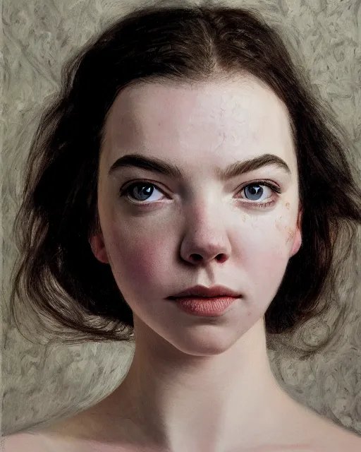 Prompt: cinematic portrait of anya taylor - joy, intricate, elegant, by alyssa monks, highly detailed, symmetrical face, fine details, masterpiece, trending on artstation