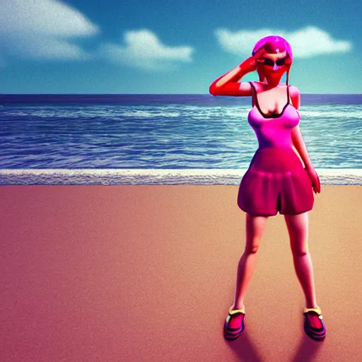 Prompt: fullbody vaporwave art of a fashionable zombie girl at a beach, early 90s cg, 3d render, 80s outrun, by carpenter brut