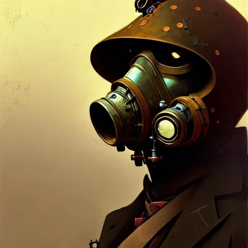 Image similar to portrait of a vicotrian steampunk in suit wearing a gas mask by darek zabrocki and greg ruthkowski, alphonse mucha, simon stalenhag and cinematic and atmospheric, concept art, artstation, trending on artstation