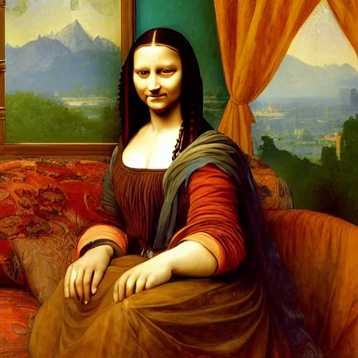 Image similar to Monalisa is sitting on her living room couch. She is dressed casually and is watching TV, Regal, Realistic, Refined, Detailed Digital Art, Josephine wall, Oil Painting, William-Adolphe Bouguereau, Art Frahm, Esao Andrews, Steampunk, Highly Detailed, Cinematic Lighting, Unreal Engine, 8k, HD