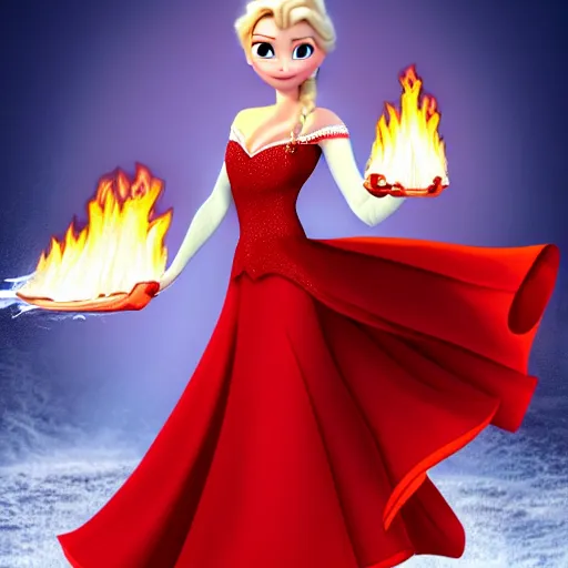 Image similar to elsa with fire powers wearing a red dress