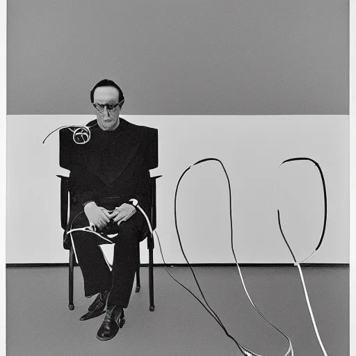 Prompt: a minimalist portrait of Marcel Duchamp holding computer cables in the style of Annie Leibovitz, Irving Penn, Hito Steyerl, Akira Kurosawa, Shinya Tsukamoto, line drawing and 35mm film, wide angle, monochrome, futuristic tetsuo