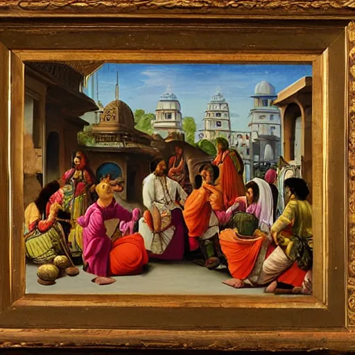 Prompt: a renaissance style painting of indian bazar of old times in style of raja ravi verma