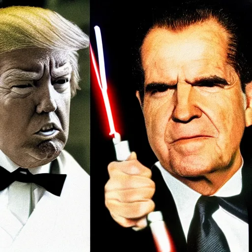 Image similar to still of richard nixon and donald trump as master and apprentice sith lords, star wars episode i ( 1 9 9 9 )