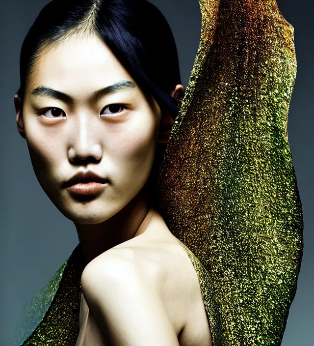 Image similar to photography facial portrait of liu wen, natural background, natural pose, wearing stunning cape by iris van herpen, with a colorfull makeup. highly detailed, skin grain detail, photography by paolo roversi, nick knight, helmut newton, avedon, araki