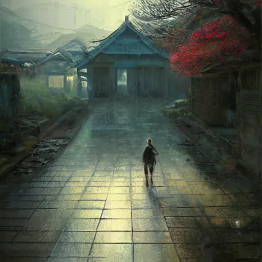 Prompt: walking around dilapidated ikeshima island, nagasaki, japan. volumetric lighting, dew, spring morning, slight overcast weather, realistic illustration, perfectly shaded, soft painting, art by krenz cushart and wenjun lin