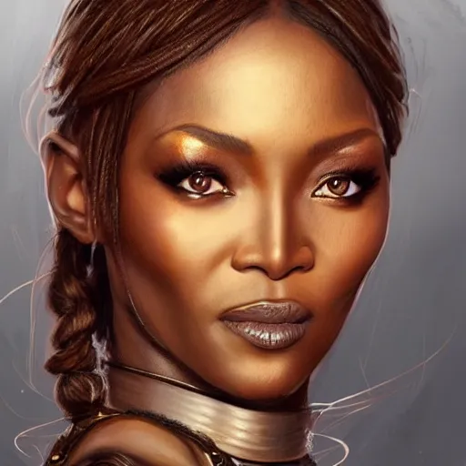 Image similar to beautiful, very strong, naomi campbell, middle aged, face, no makeup, no tattoos, warrior, battle hardened, head shot, fantasy, highly detailed, digital painting, artstation, concept art, smooth, sharp focus, illustration, art by jodie muir and brom