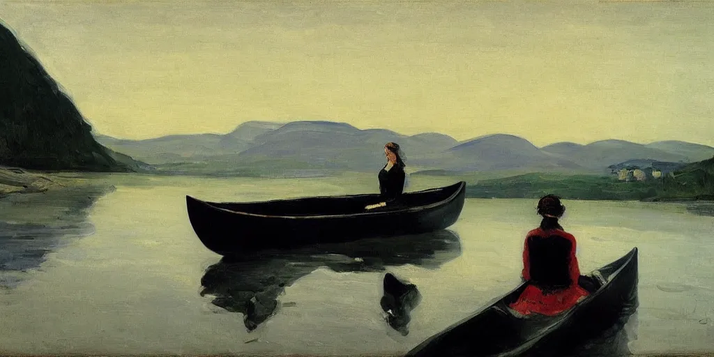 Prompt: “ a woman sitting in a canoe on the hudson river, mountains in fog background, oil painting, by george bellows ”