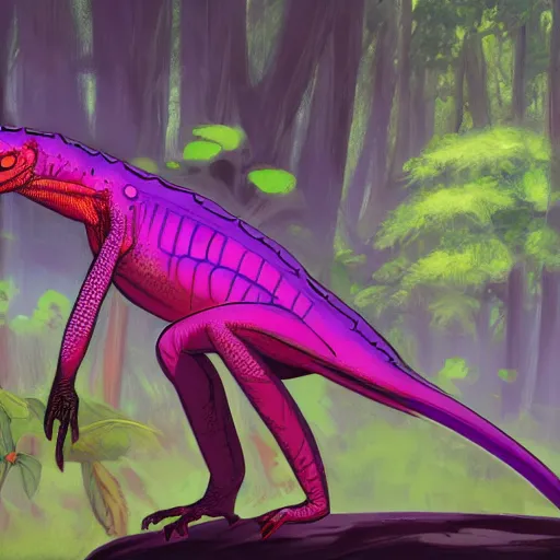 Image similar to concept art painting of an anthropomorphic lizard wearing magenta wizard robes, in the deep forest, realistic, detailed, cel shaded, in the style of makoto shinkai and greg rutkowski and james gurney