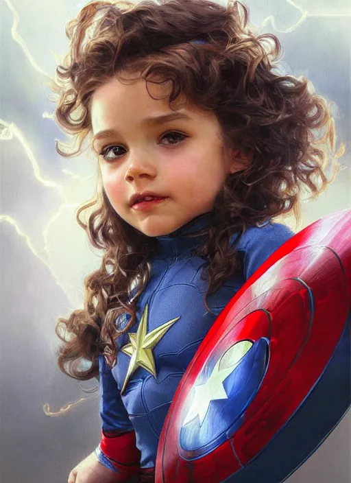 Image similar to a little girl with a mischievous face and light brown curly wavy hair. she is dressed as captain america, spiderman, batman, the flash, captain marvel, wonder woman, a superhero. clean elegant painting, beautiful detailed face. by artgerm and greg rutkowski and alphonse mucha