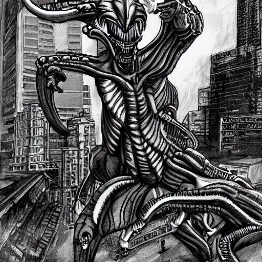 Image similar to Xenomorphs taking over Moscow by Kentaro Miura