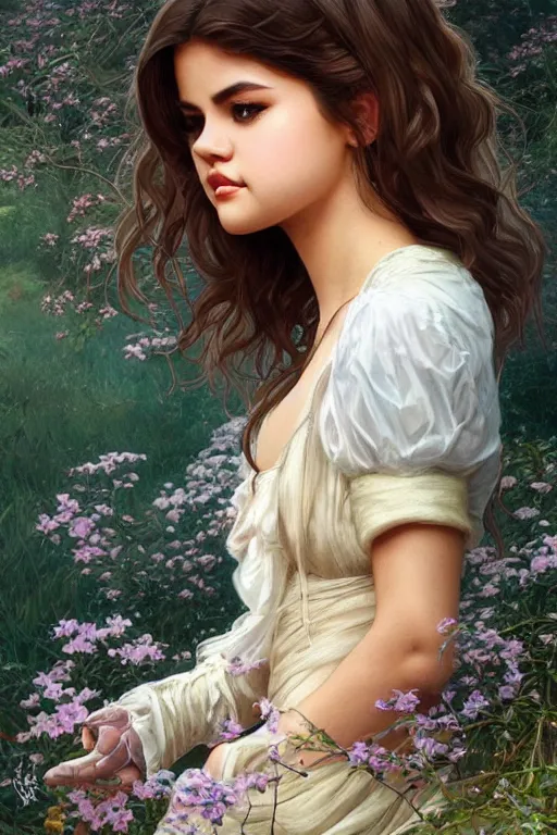 Image similar to very beautiful cottagecore selena gomez!!, intricate, stunning, highly detailed, digital painting, artstation, concept art, smooth, sharp, focus, illustration, art by artgerm and greg rutkowski and alphonse mucha