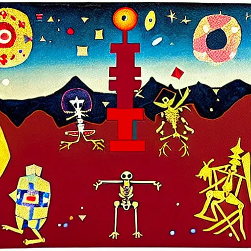 Image similar to pixel decollage painting tarot lovers card composition tower of babel road red armor maggot bear and wonky alien frog skeleton knight on a horse in a dark red cloudy night sky with golden foil jewish stars, occult symbols and diamonds, mountain lake and blossoming field in background, painted by Mark Rothko, Helen Frankenthaler, Danny Fox and Hilma af Klint, pixelated, neo expressionism, semi naive, pastel colors, cinematic, color field painting, cave painting, voxel, pop art look, outsider art, minimalistic. Bill Traylor painting, part by Philip Guston and Francis Bacon. art by Adrian Ghenie, very coherent symmetrical artwork, cinematic, hyper realism, high detail, octane render, unreal engine, Smooth gradients, depth of field, full body character drawing, extremely detailed, 8k, extreme detail, intricate detail, masterpiece