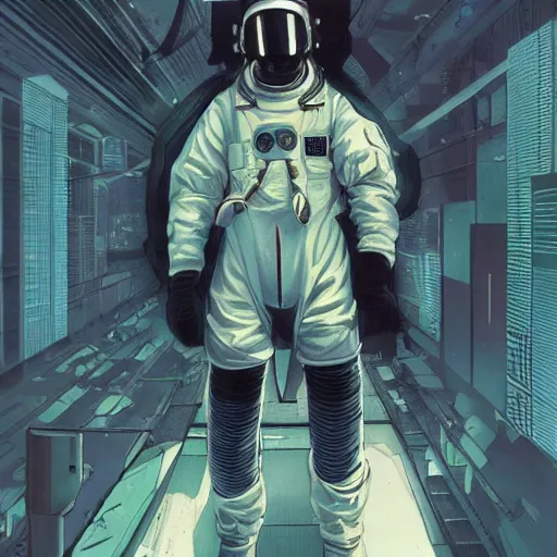 Image similar to cyberpunk japanese man with long limbs and a black spacesuit on a spacewalk, techwear, Industrial Scifi, detailed illustration, character portrait, by Martin Grip and Moebius