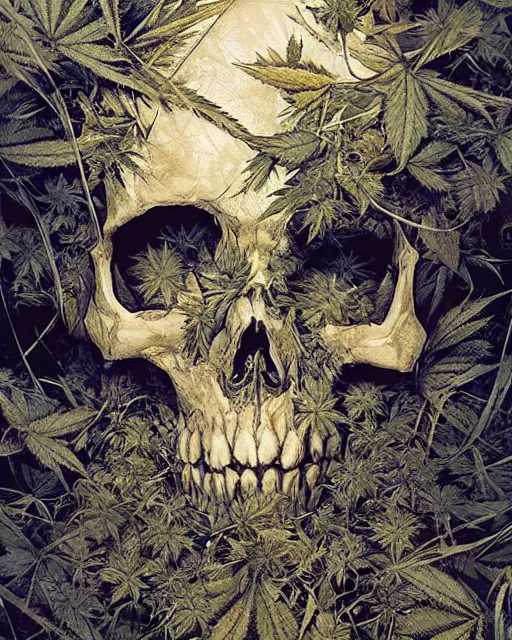 Image similar to skeleton made of weed leaves, clear sky, scifi character portrait by greg rutkowski esuthio craig mullins