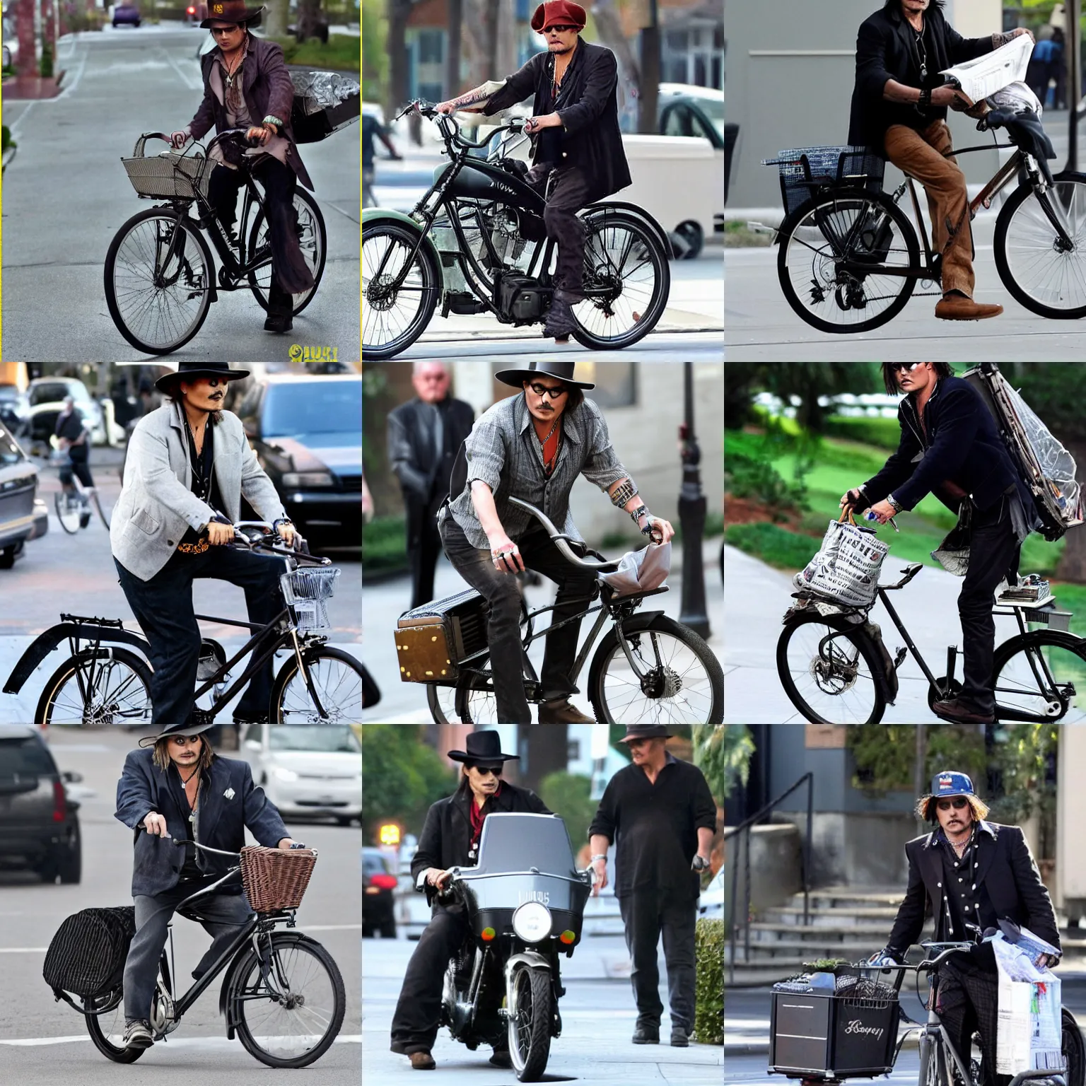 Prompt: johnny depp his bike delivering newspapers, 2 0 4 7