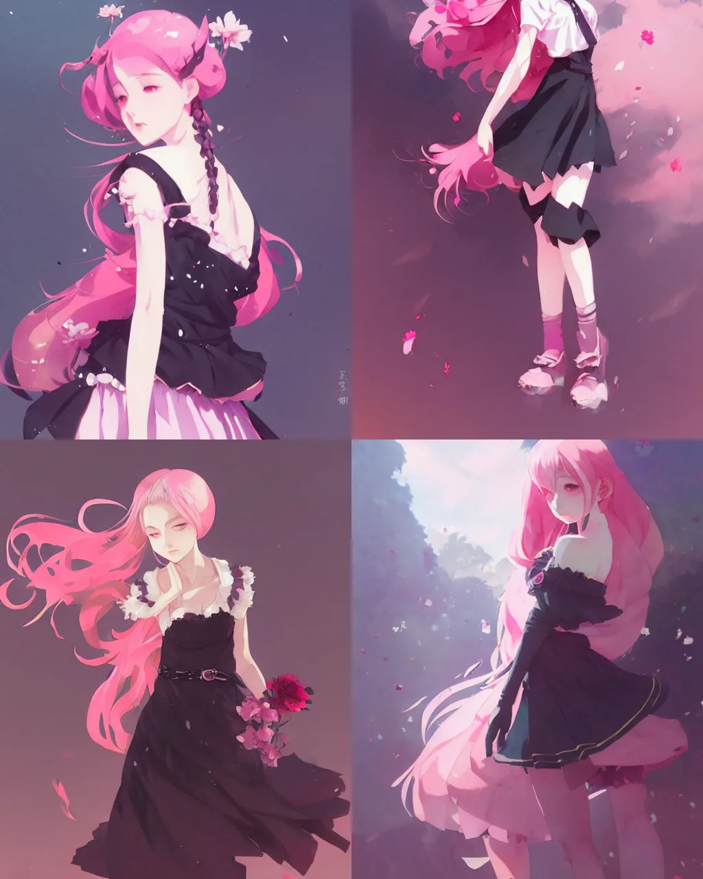 Prompt: a girl with pink hair and black skirt, flower decoration on the background, a beautiful half body illustration, top lighting, perfect shadow, reduce saturation, leaning towards watercolor, art by hidari and krenz cushart and wenjun lin