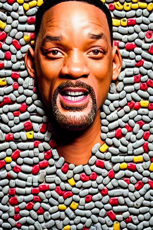 Image similar to will smith made out of pills, human face made out of pills, professional food photography