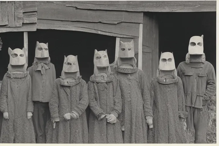 Image similar to vintage photo of villagers wearing weird masks outside a barn by hilla becher, eerie, bizarre, highly detailed shot, dramatic 8 k uhd