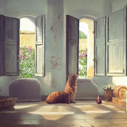 Image similar to very very very very beautiful work of art from wide angle on cat sitting in provence style interior room, matte,